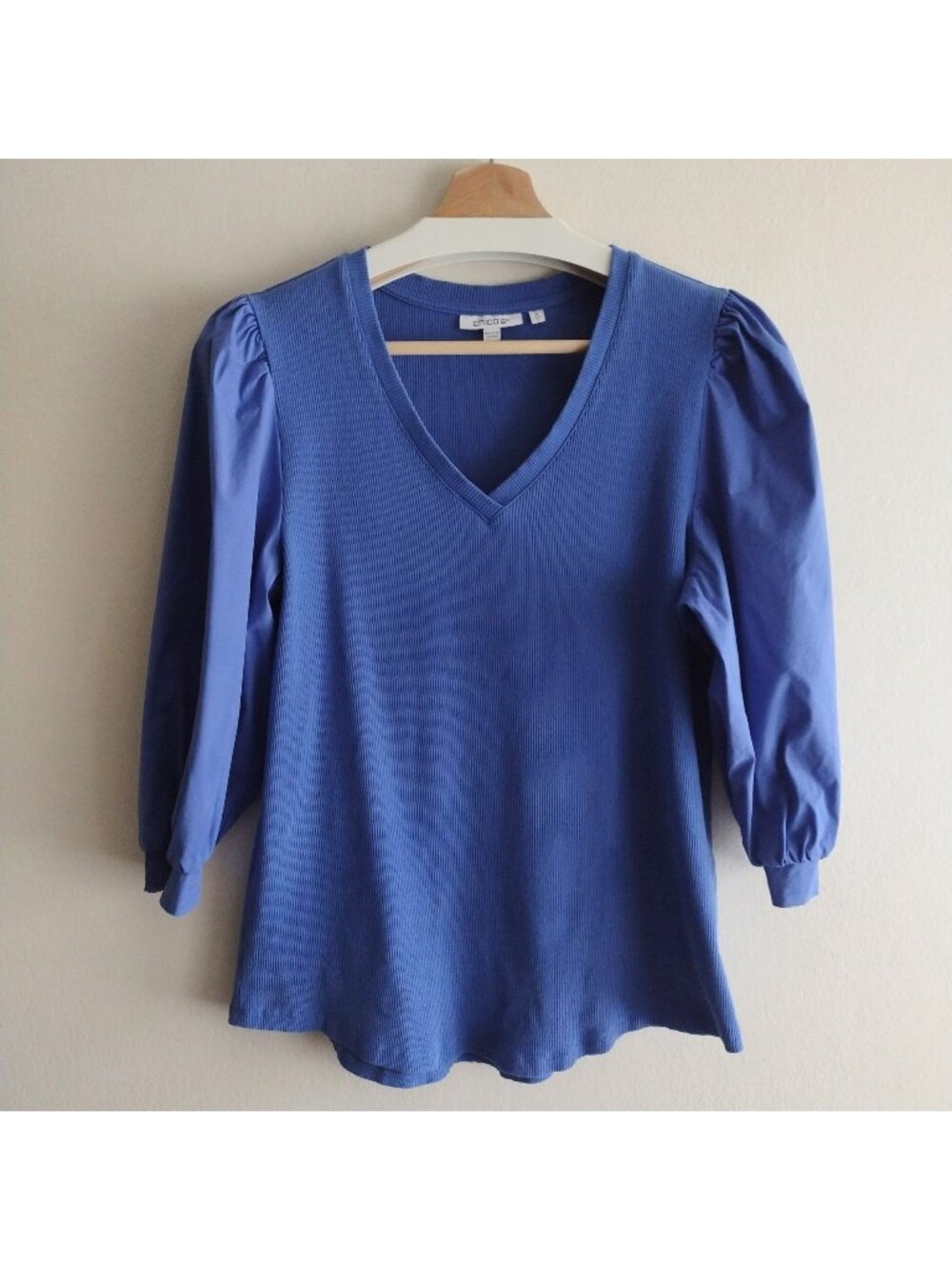 Chicos Casual Tee L Cornflower Blue Rib Knit Puff Sleeve Top Sz 2